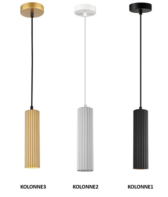 KOLONNE GU10 Ribbed Cylinder Pendant Light. GOLD, BLACK OR WHITE